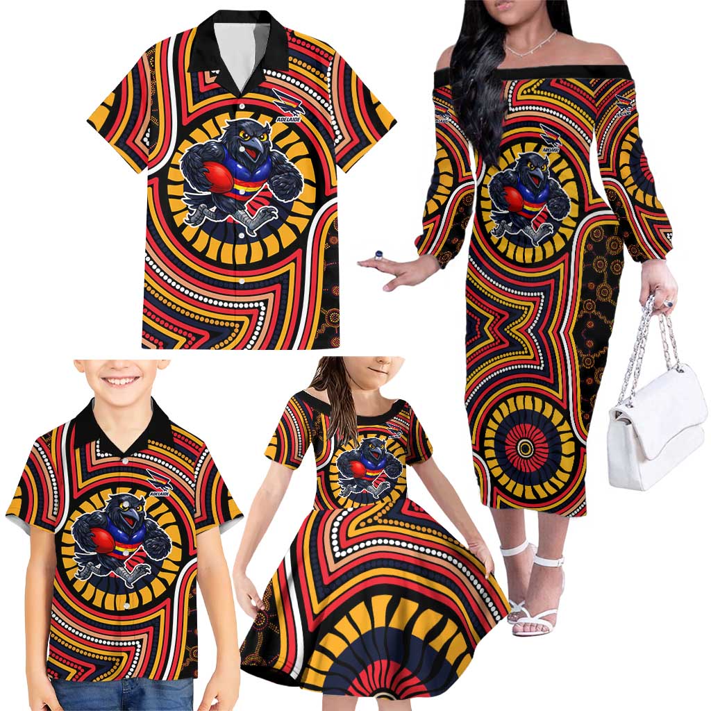 Adelaide Crows Family Matching Off The Shoulder Long Sleeve Dress and Hawaiian Shirt Indigenous Monochrome Dot Art Mascot Style