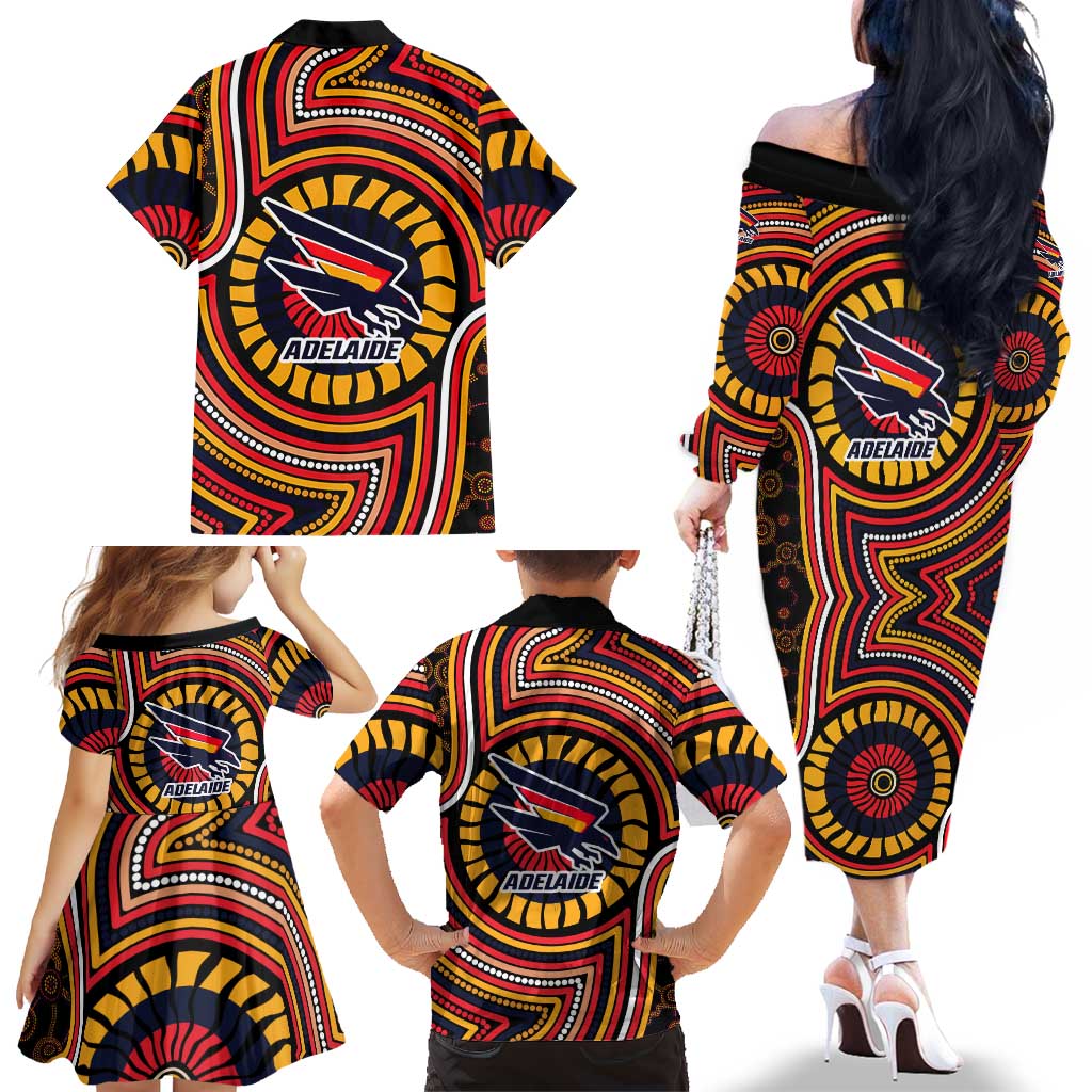 Adelaide Crows Family Matching Off The Shoulder Long Sleeve Dress and Hawaiian Shirt Indigenous Monochrome Dot Art Mascot Style