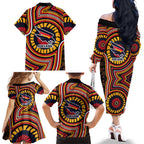 Adelaide Crows Family Matching Off The Shoulder Long Sleeve Dress and Hawaiian Shirt Indigenous Monochrome Dot Art Mascot Style