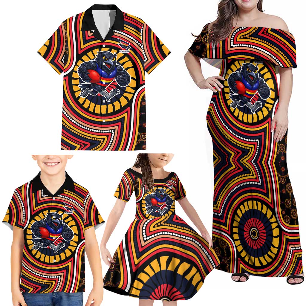 Adelaide Crows Family Matching Off Shoulder Maxi Dress and Hawaiian Shirt Indigenous Monochrome Dot Art Mascot Style