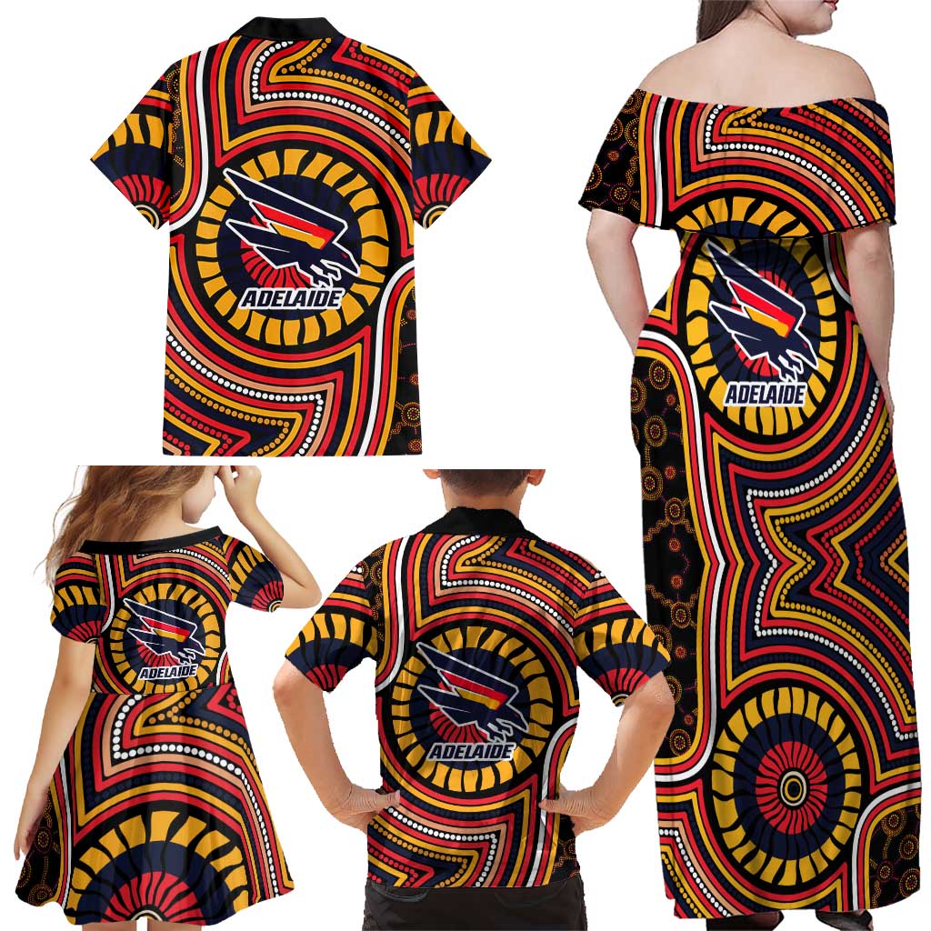 Adelaide Crows Family Matching Off Shoulder Maxi Dress and Hawaiian Shirt Indigenous Monochrome Dot Art Mascot Style