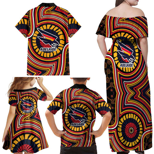 Adelaide Crows Family Matching Off Shoulder Maxi Dress and Hawaiian Shirt Indigenous Monochrome Dot Art Mascot Style