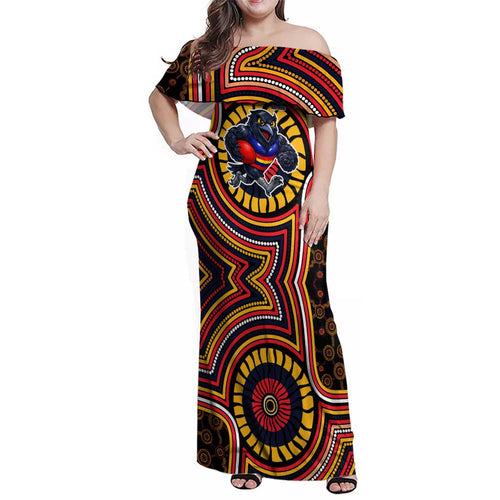 Adelaide Crows Family Matching Off Shoulder Maxi Dress and Hawaiian Shirt Indigenous Monochrome Dot Art Mascot Style