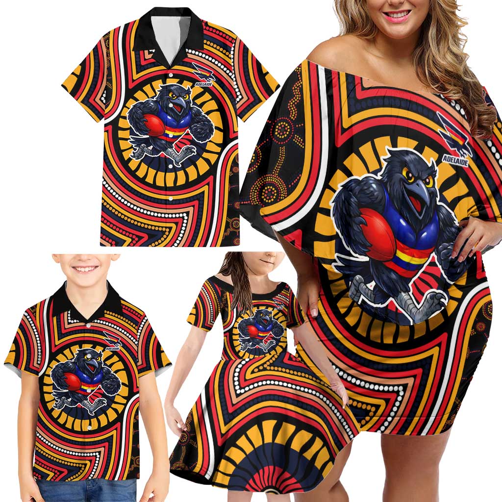 Adelaide Crows Family Matching Off Shoulder Short Dress and Hawaiian Shirt Indigenous Monochrome Dot Art Mascot Style