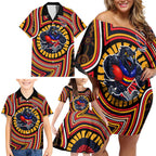 Adelaide Crows Family Matching Off Shoulder Short Dress and Hawaiian Shirt Indigenous Monochrome Dot Art Mascot Style