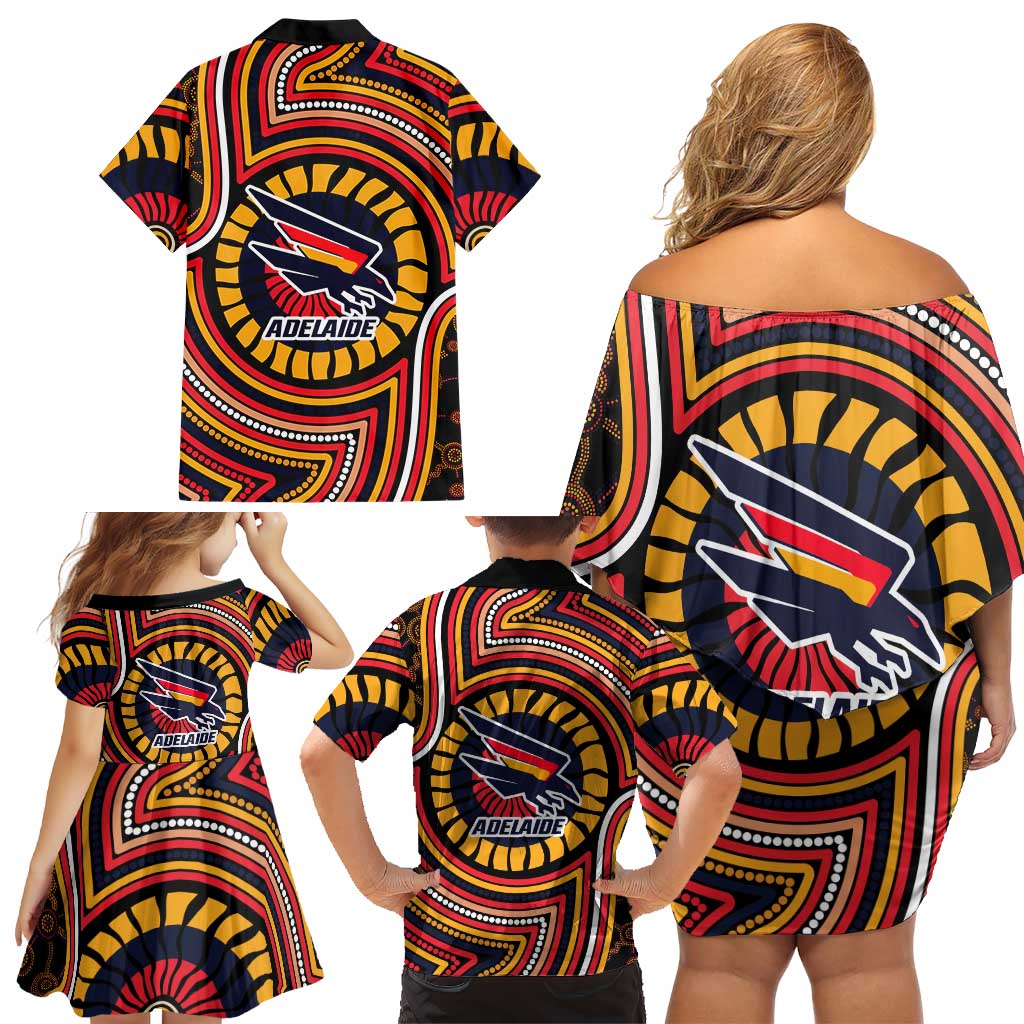 Adelaide Crows Family Matching Off Shoulder Short Dress and Hawaiian Shirt Indigenous Monochrome Dot Art Mascot Style