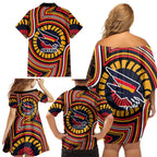 Adelaide Crows Family Matching Off Shoulder Short Dress and Hawaiian Shirt Indigenous Monochrome Dot Art Mascot Style