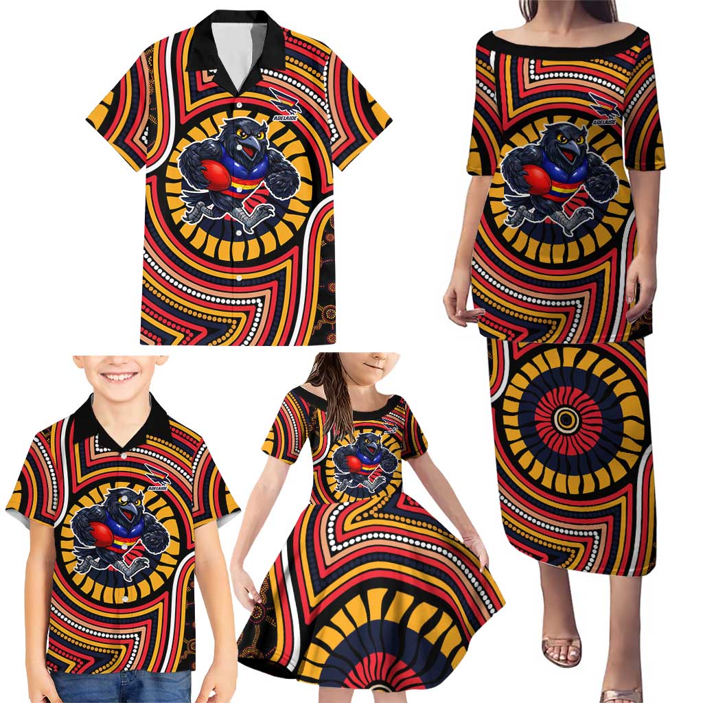 Adelaide Crows Family Matching Puletasi and Hawaiian Shirt Indigenous Monochrome Dot Art Mascot Style