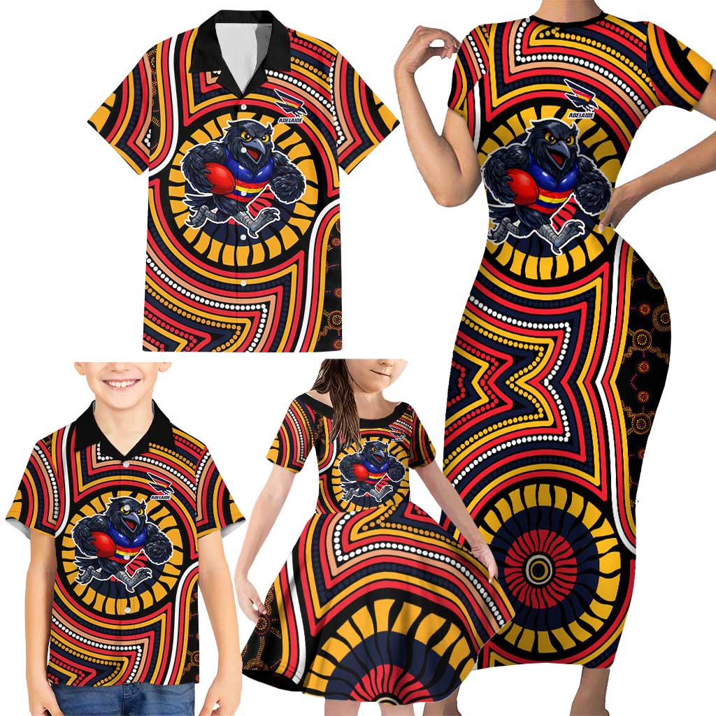 Adelaide Crows Family Matching Short Sleeve Bodycon Dress and Hawaiian Shirt Indigenous Monochrome Dot Art Mascot Style