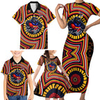 Adelaide Crows Family Matching Short Sleeve Bodycon Dress and Hawaiian Shirt Indigenous Monochrome Dot Art Mascot Style