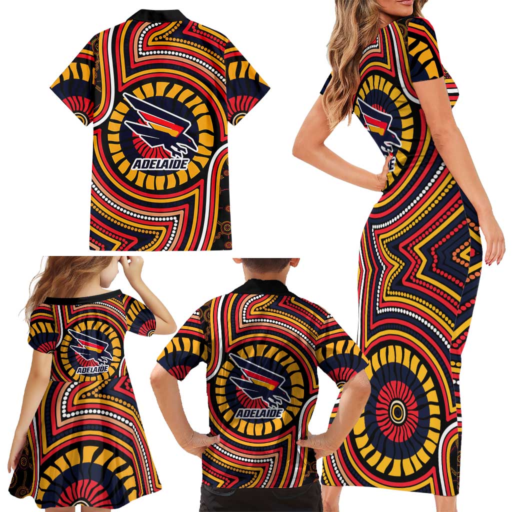 Adelaide Crows Family Matching Short Sleeve Bodycon Dress and Hawaiian Shirt Indigenous Monochrome Dot Art Mascot Style