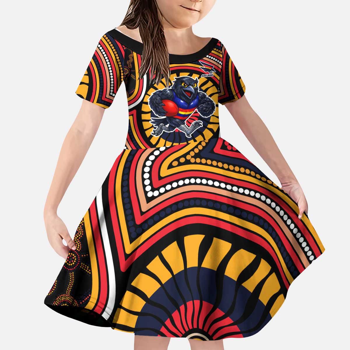 Adelaide Crows Kid Short Sleeve Dress Indigenous Monochrome Dot Art Mascot Style