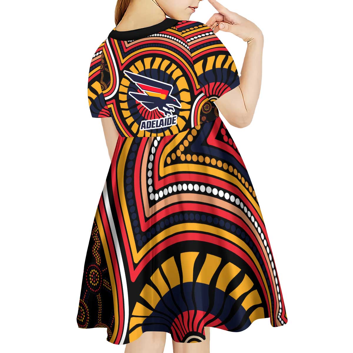 Adelaide Crows Kid Short Sleeve Dress Indigenous Monochrome Dot Art Mascot Style