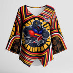 Adelaide Crows Kimono Sleeve Blouse Indigenous Monochrome Dot Art Mascot Style