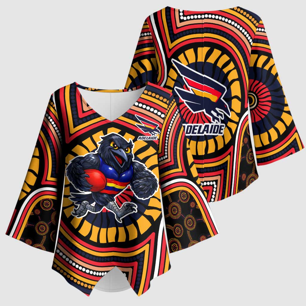 Adelaide Crows Kimono Sleeve Blouse Indigenous Monochrome Dot Art Mascot Style