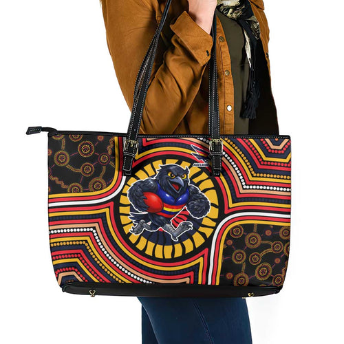 Adelaide Crows Leather Tote Bag Indigenous Monochrome Dot Art Mascot Style