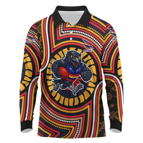 Adelaide Crows Long Sleeve Polo Shirt Indigenous Monochrome Dot Art Mascot Style