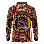 Adelaide Crows Long Sleeve Polo Shirt Indigenous Monochrome Dot Art Mascot Style