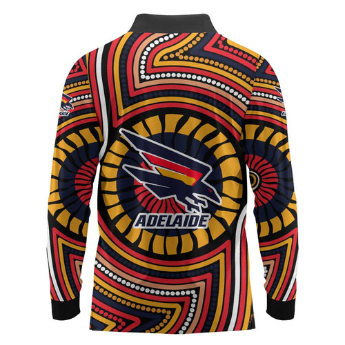 Adelaide Crows Long Sleeve Polo Shirt Indigenous Monochrome Dot Art Mascot Style