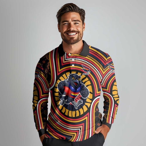 Adelaide Crows Long Sleeve Polo Shirt Indigenous Monochrome Dot Art Mascot Style