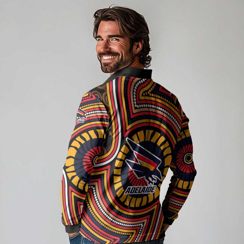 Adelaide Crows Long Sleeve Polo Shirt Indigenous Monochrome Dot Art Mascot Style