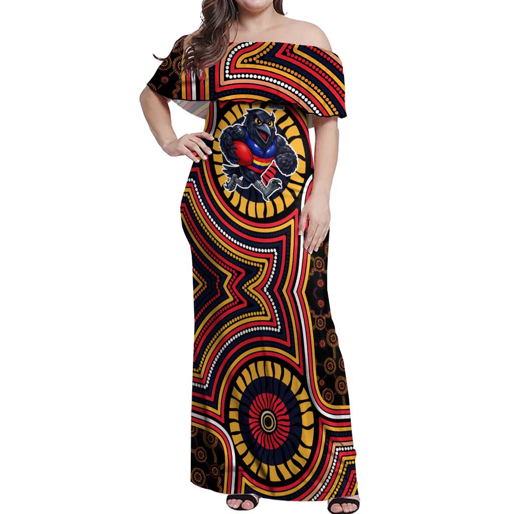 Adelaide Crows Off Shoulder Maxi Dress Indigenous Monochrome Dot Art Mascot Style