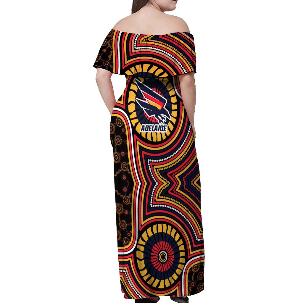 Adelaide Crows Off Shoulder Maxi Dress Indigenous Monochrome Dot Art Mascot Style