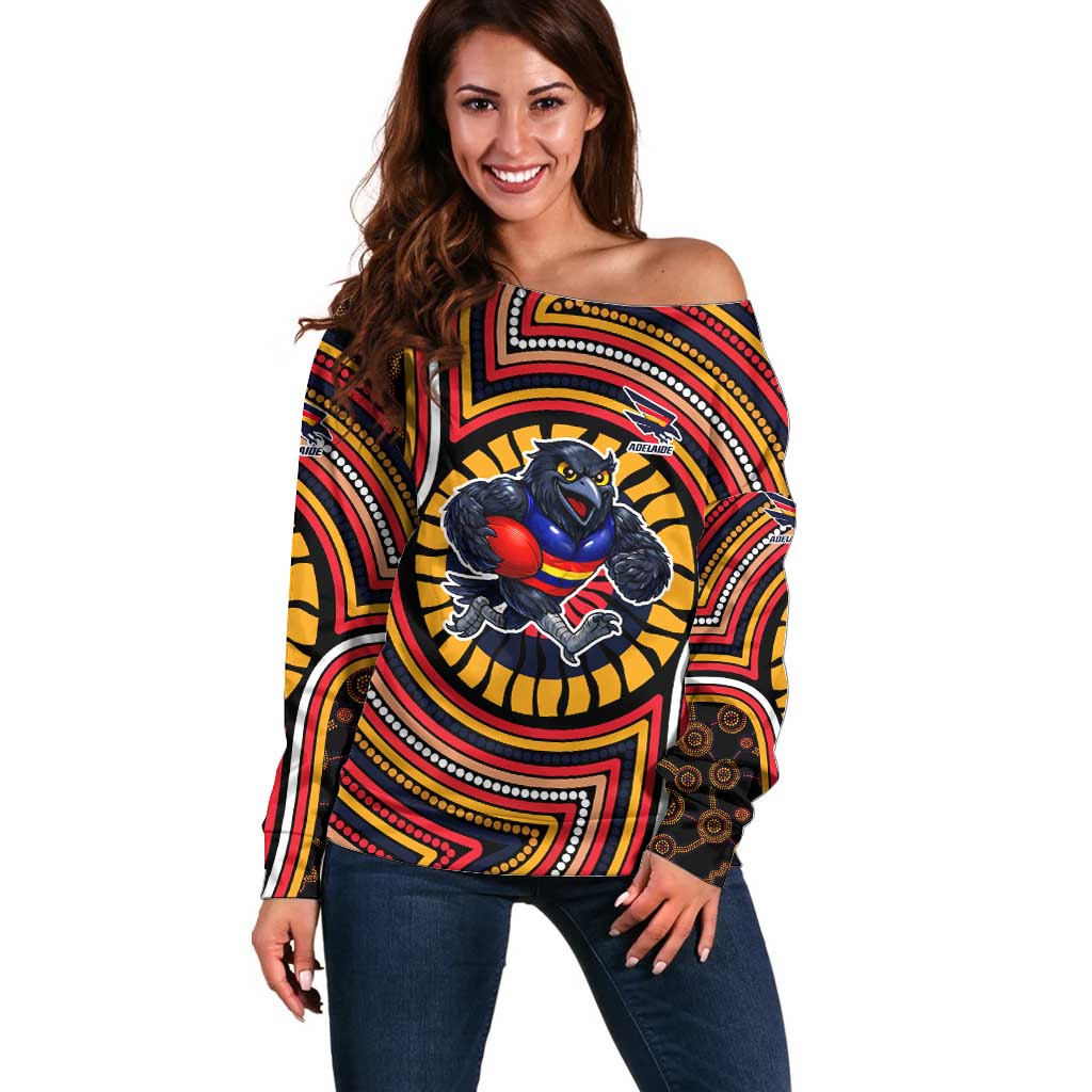 Adelaide Crows Off Shoulder Sweater Indigenous Monochrome Dot Art Mascot Style