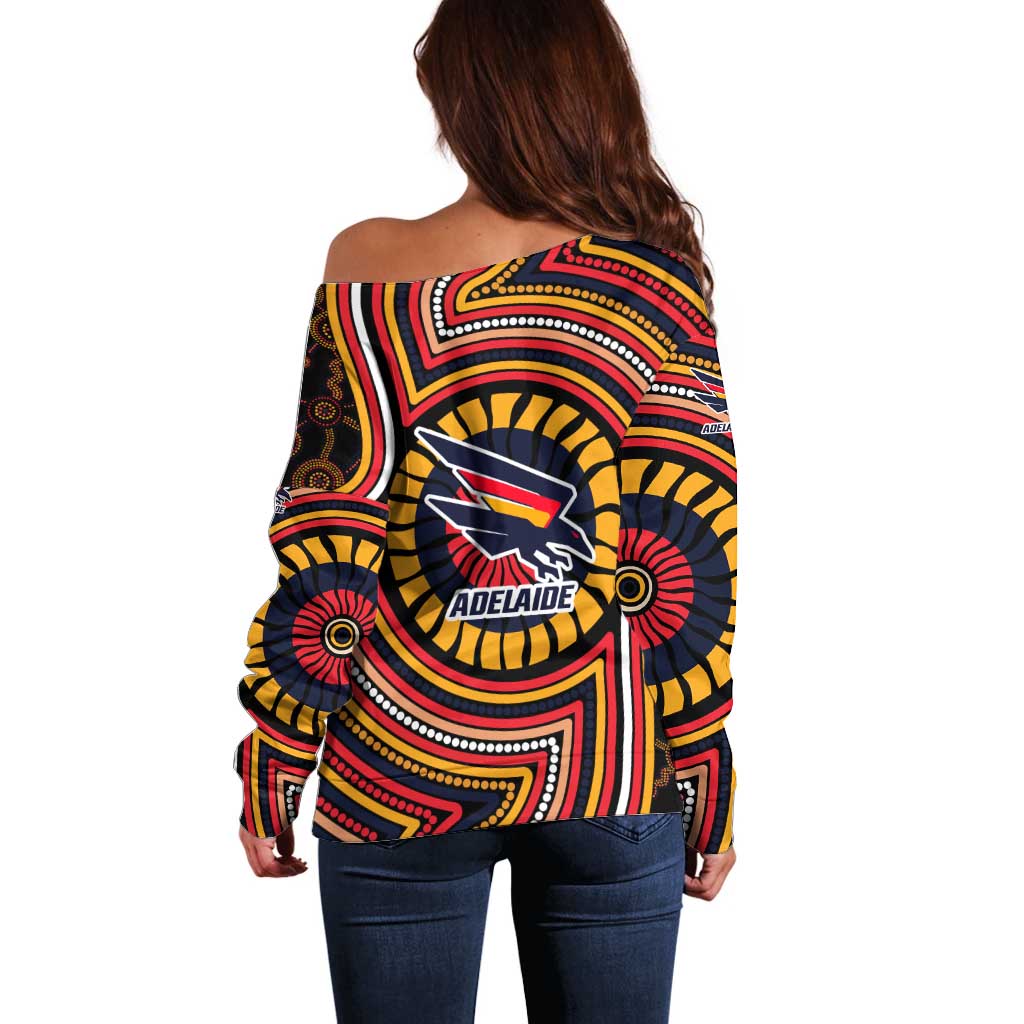 Adelaide Crows Off Shoulder Sweater Indigenous Monochrome Dot Art Mascot Style