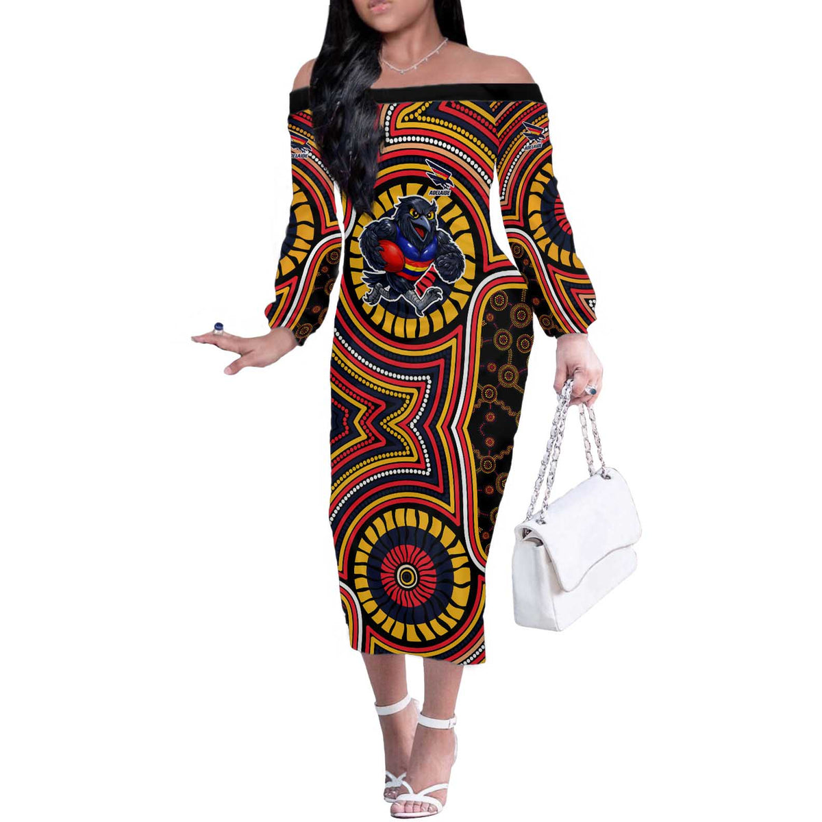 Adelaide Crows Off The Shoulder Long Sleeve Dress Indigenous Monochrome Dot Art Mascot Style