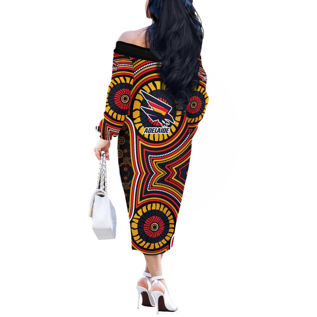 Adelaide Crows Off The Shoulder Long Sleeve Dress Indigenous Monochrome Dot Art Mascot Style