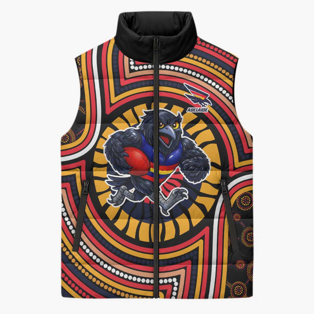 Adelaide Crows Sleeveless Puffer Jacket Indigenous Monochrome Dot Art Mascot Style