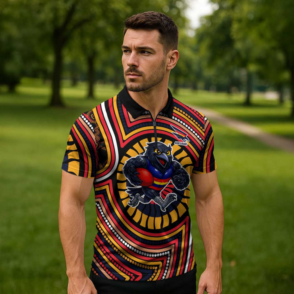 Adelaide Crows Zipper Polo Shirt Indigenous Monochrome Dot Art Mascot Style