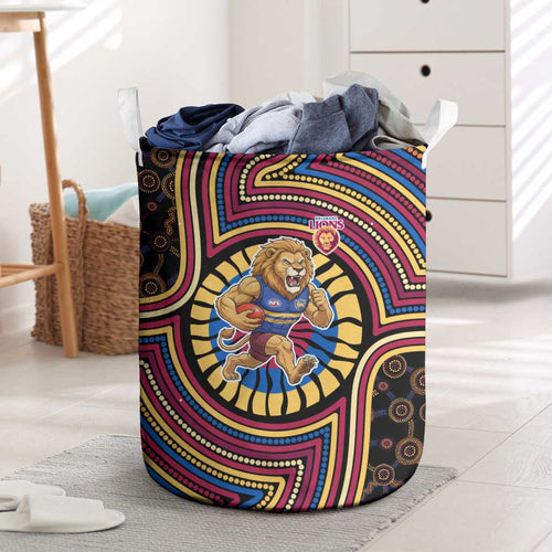 Brisbane Lions Laundry Basket Indigenous Monochrome Dot Art Mascot Style