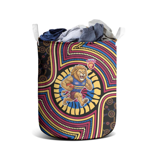 Brisbane Lions Laundry Basket Indigenous Monochrome Dot Art Mascot Style
