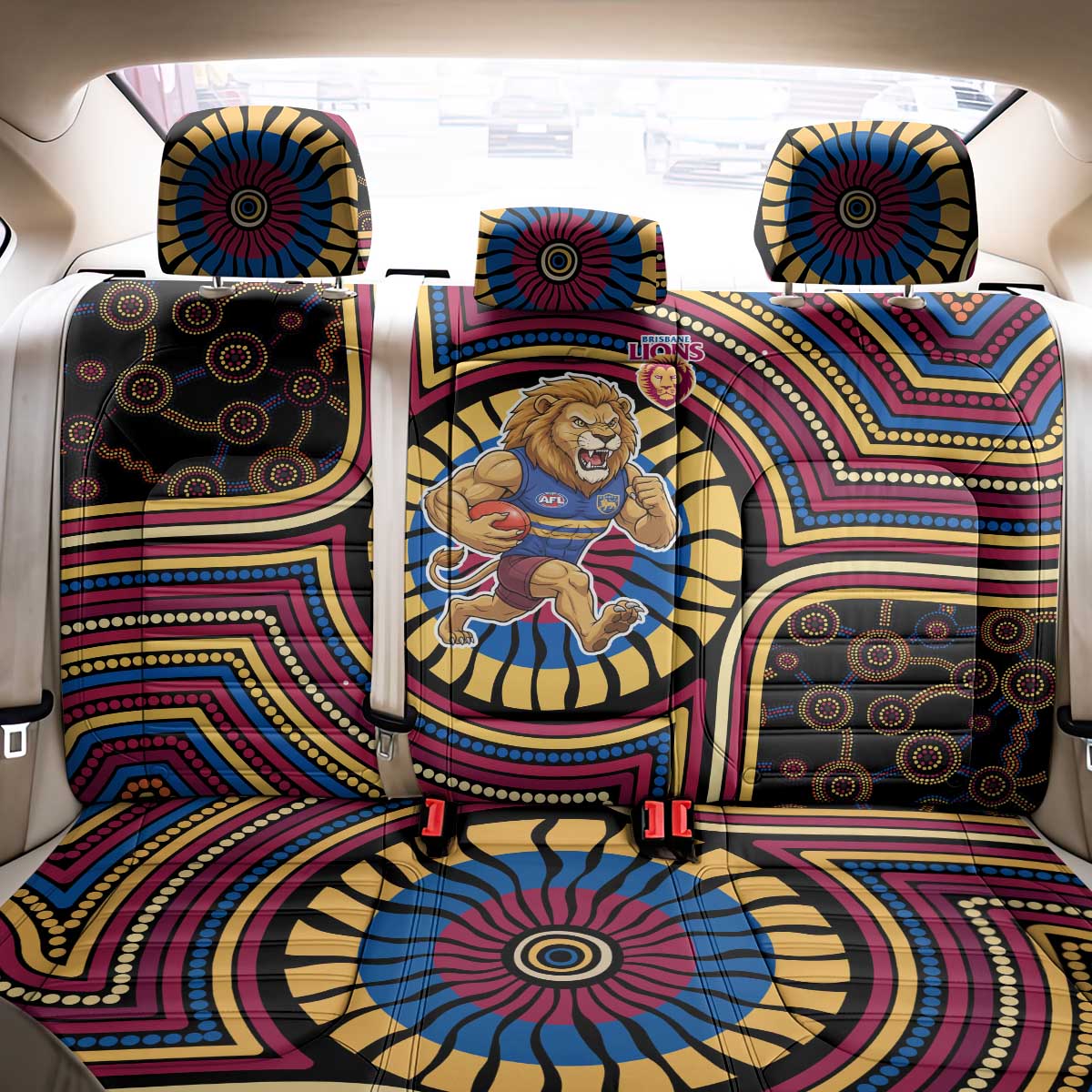 Brisbane Lions Back Car Seat Cover Indigenous Monochrome Dot Art Mascot Style