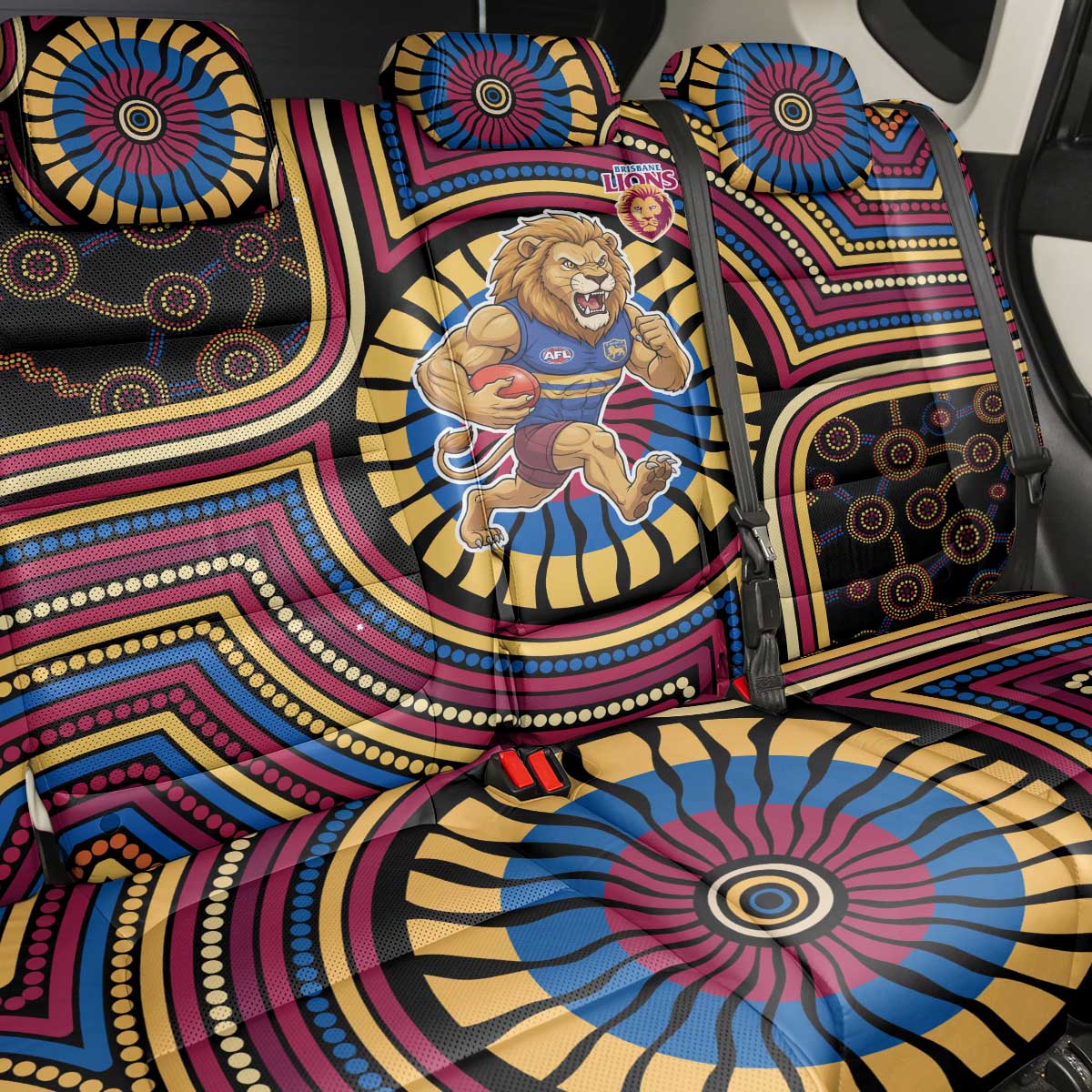 Brisbane Lions Back Car Seat Cover Indigenous Monochrome Dot Art Mascot Style