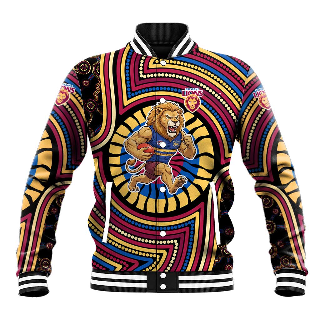 Brisbane Lions Baseball Jacket Indigenous Monochrome Dot Art Mascot Style