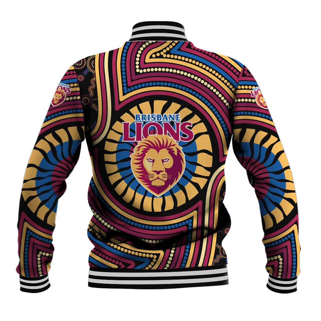 Brisbane Lions Baseball Jacket Indigenous Monochrome Dot Art Mascot Style
