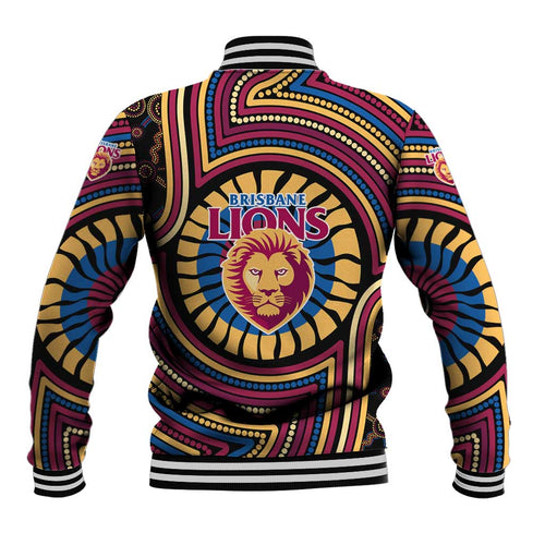 Brisbane Lions Baseball Jacket Indigenous Monochrome Dot Art Mascot Style