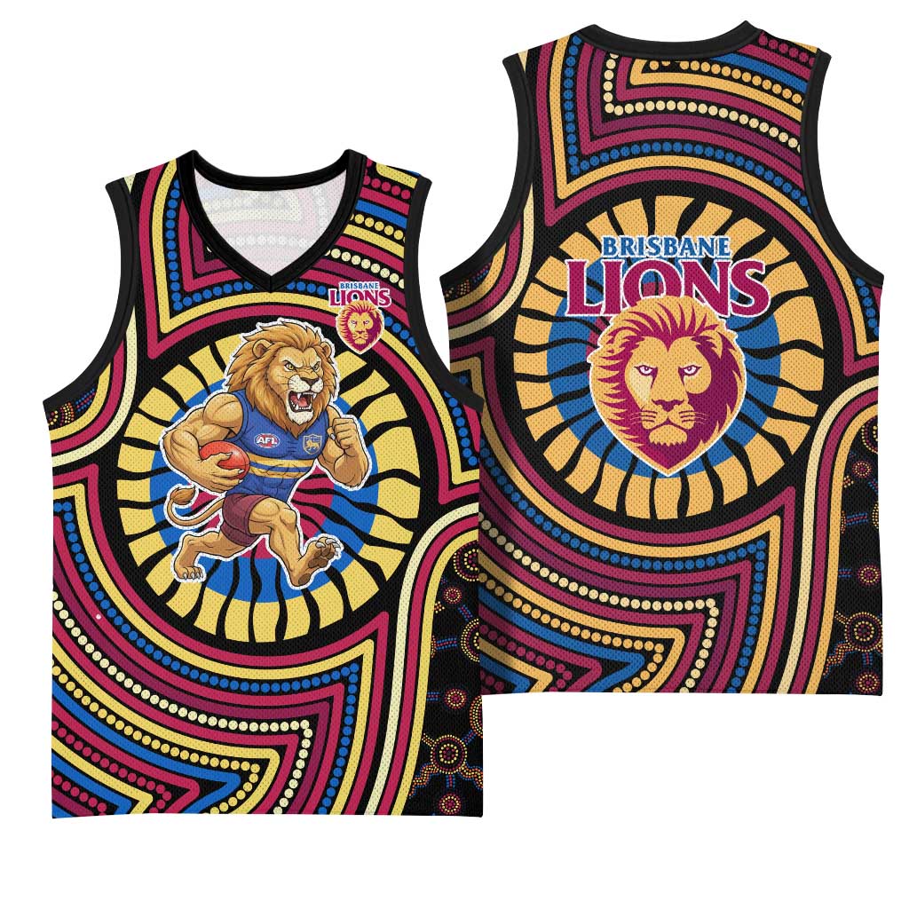Brisbane Lions Basketball Jersey Indigenous Monochrome Dot Art Mascot Style