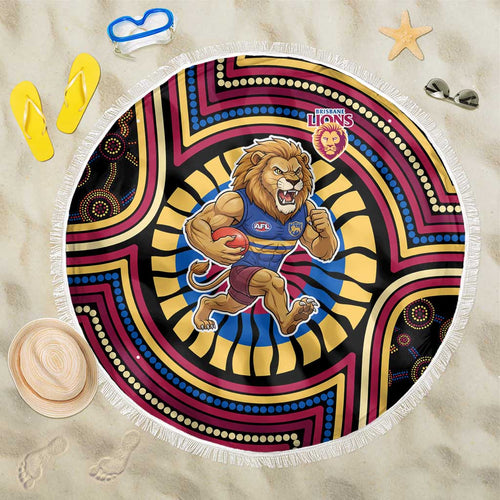 Brisbane Lions Beach Blanket Indigenous Monochrome Dot Art Mascot Style