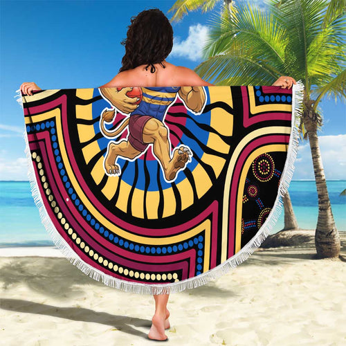 Brisbane Lions Beach Blanket Indigenous Monochrome Dot Art Mascot Style
