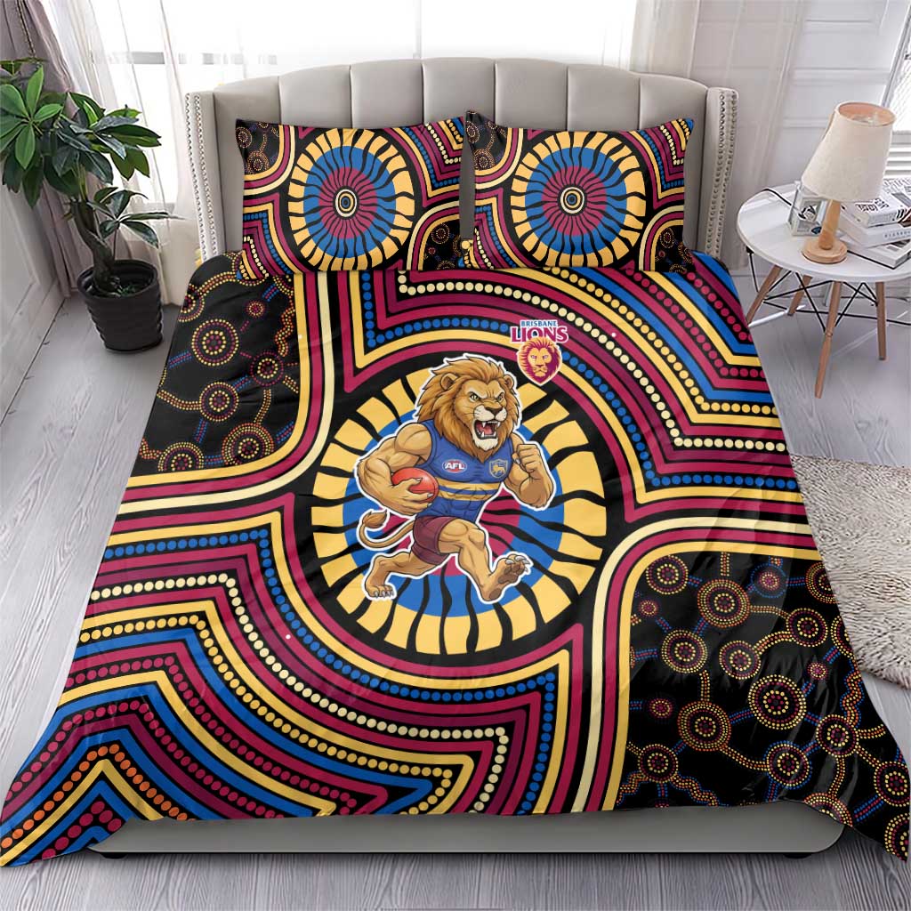 Brisbane Lions Bedding Set Indigenous Monochrome Dot Art Mascot Style