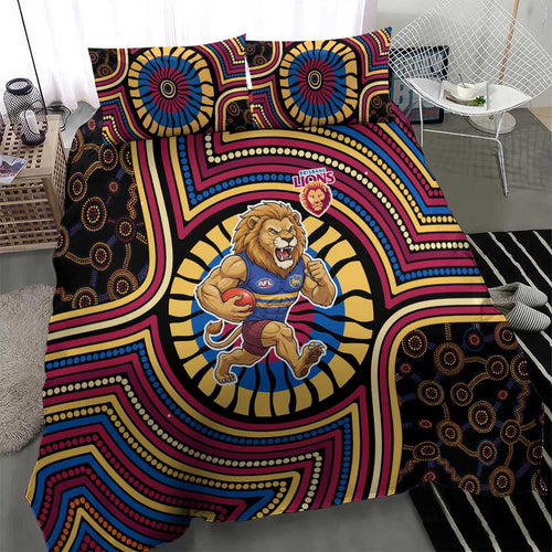 Brisbane Lions Bedding Set Indigenous Monochrome Dot Art Mascot Style