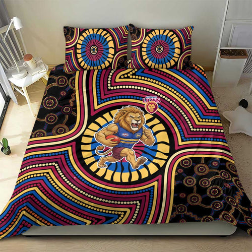 Brisbane Lions Bedding Set Indigenous Monochrome Dot Art Mascot Style