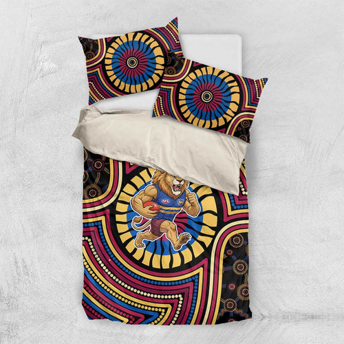 Brisbane Lions Bedding Set Indigenous Monochrome Dot Art Mascot Style