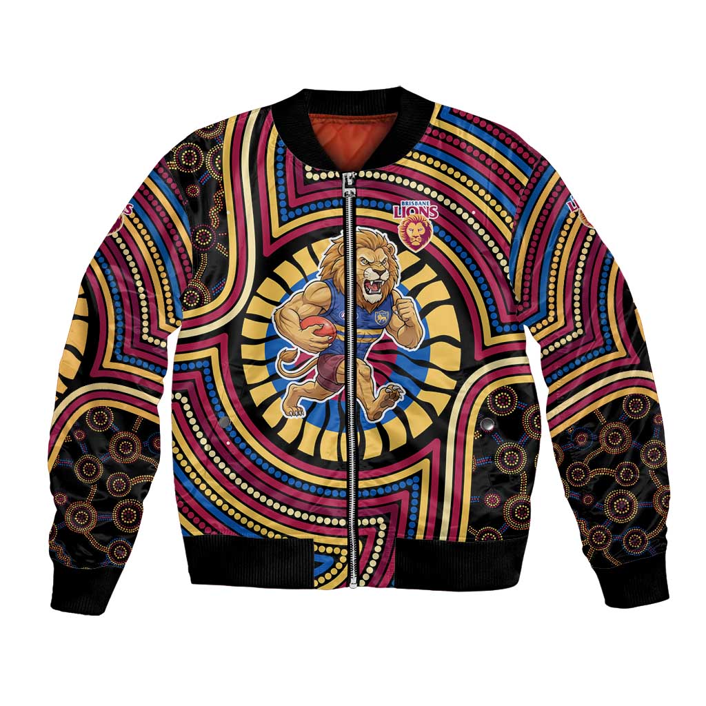 Brisbane Lions Bomber Jacket Indigenous Monochrome Dot Art Mascot Style