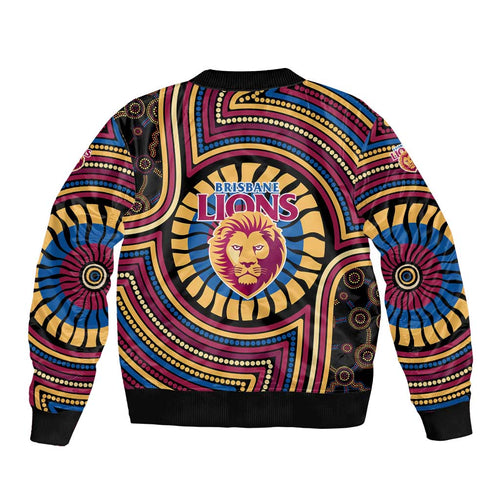 Brisbane Lions Bomber Jacket Indigenous Monochrome Dot Art Mascot Style