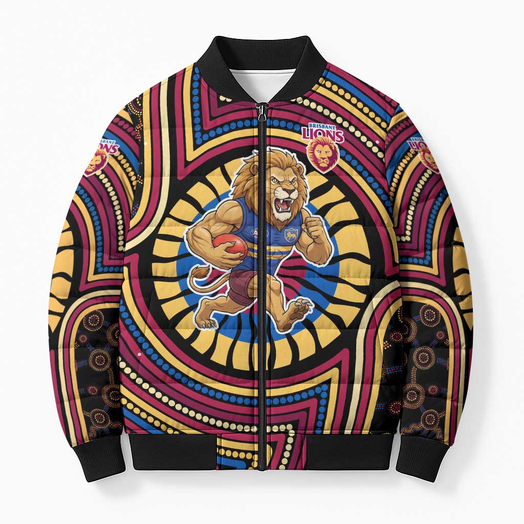 Brisbane Lions Bomber Puffer Jacket Indigenous Monochrome Dot Art Mascot Style